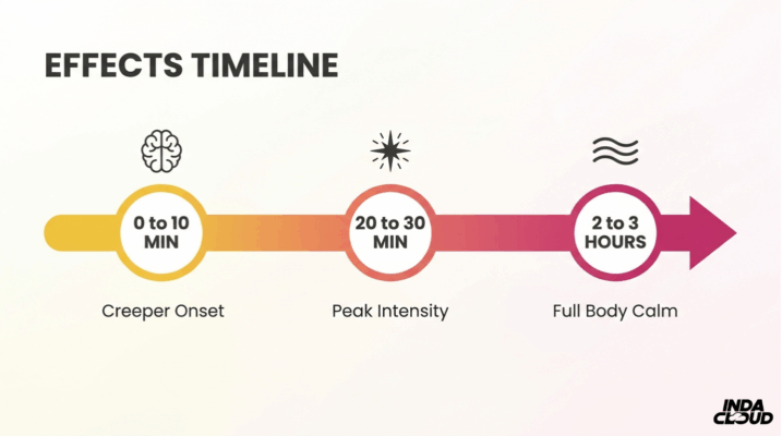Alien Og Strain: Info, Effects, And Growing Tips 3 Alien Og Effects Timeline Showing Creeper Onset At 0 To 10 Minutes, Peak Intensity At 20 To 30 Minutes, And Full Body Calm Lasting 2 To 3 Hours