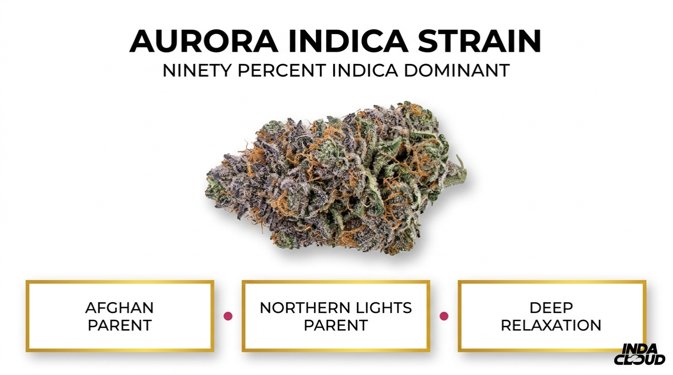 Aurora Indica Strain: Review, Effects &Amp; Origins 1 Aurora Indica Strain Infographic Showing Ninety Percent Indica Dominance With Afghani And Northern Lights Parent Strains And Deep Relaxation Effects