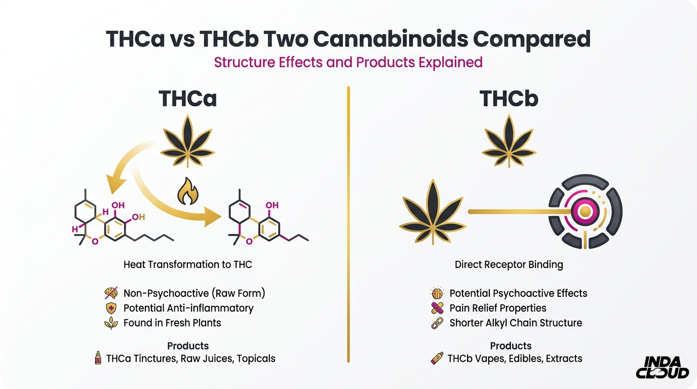 THCa vs THCb cannabinoids comparison infographic showing structure, effects, products, and differences between THCa and THCb