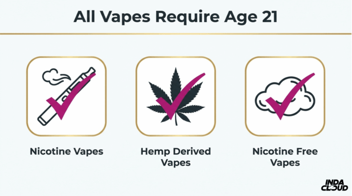 Vaping Age: How Old Do You Have To Be To Vape In 2026? 2 Infographic Showing All Vape Types Including Nicotine, Hemp-Derived, And Nicotine-Free Vapes Require Age 21