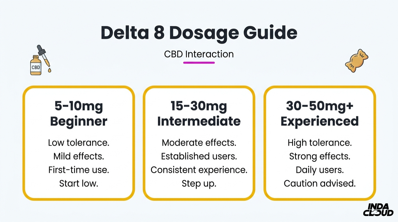 Alt Text: Delta 8 Dosage Guide Infographic Showing Beginner Dose 5–10Mg, Intermediate Dose 15–30Mg, And Experienced Dose 30–50Mg+ With Cbd Interaction Note.