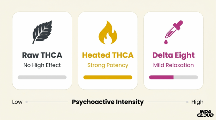 Thca Vs Delta 8: Key Differences, Effects, And What You Need To Know 2 Psychoactive Intensity Comparison Between Raw Thca Heated Thca And Delta 8 Showing No High Effect Strong Potency And Mild Relaxation Levels