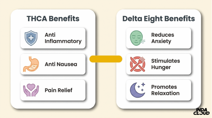Thca Vs Delta 8: Key Differences, Effects, And What You Need To Know 3 Thca And Delta 8 Wellness Benefits Comparison Highlighting Anti Inflammatory Anti Nausea Pain Relief Versus Relaxation Appetite Support And Reduced Anxiety